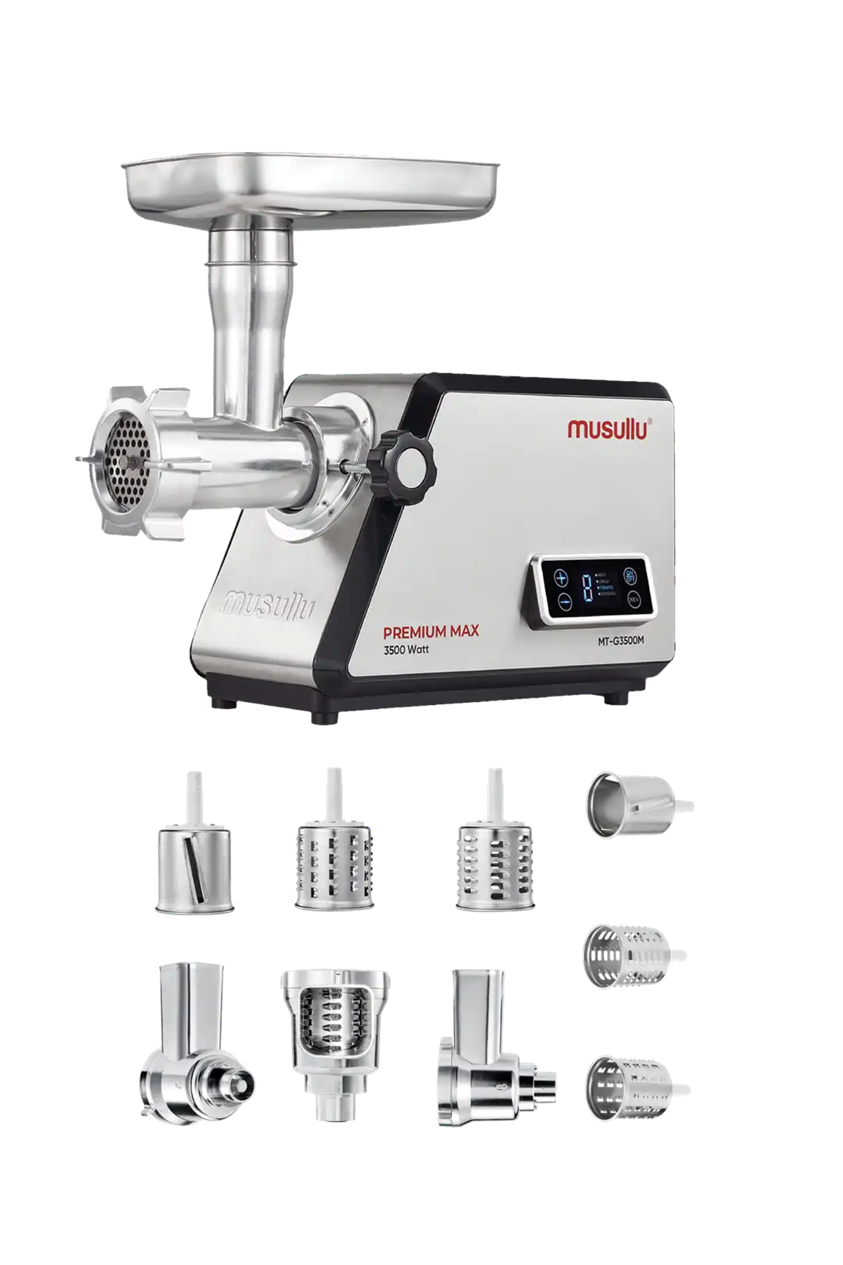 Musullu Premium Max 3500W Et Kıyma Makinesi – Dijital Ekranlı, Metal Dişlili, Rende ve Kıyma Aparatlı